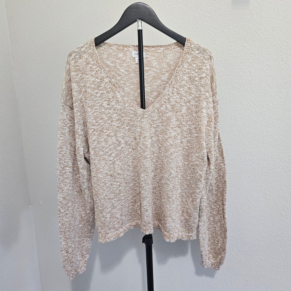 J.Crew V-Neck Sweater Womens M Tan White Marled Cotton Blend Casual Preppy